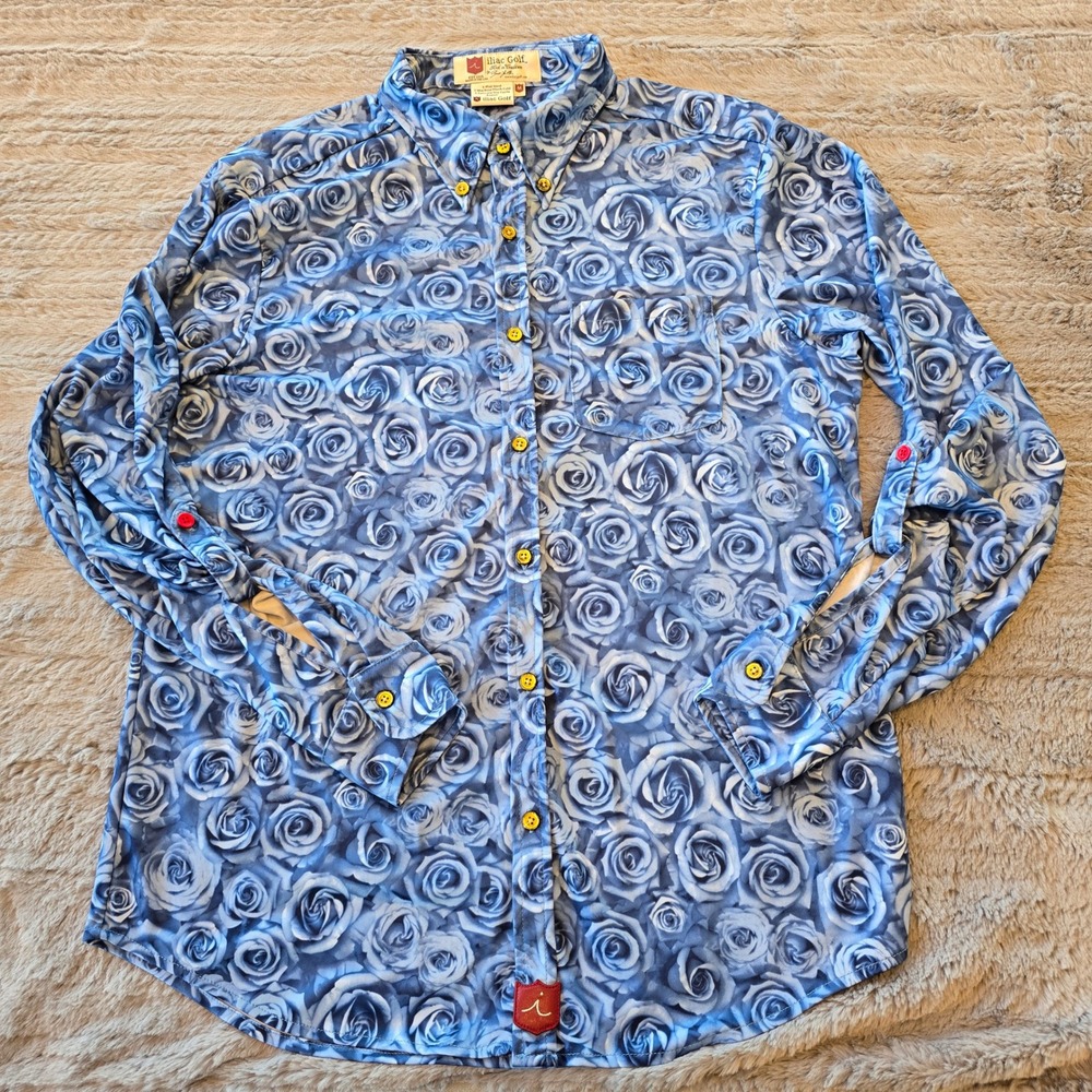 Iliac Golf Mens Blue Rose Floral Performance Shirt Long Sleeve Button Down M - Picture 4 of 6